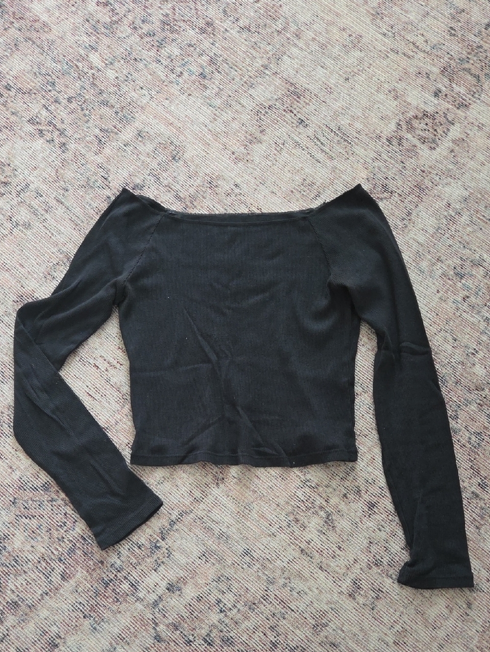 Black Off-Shoulder Ribbed Long Sleeve Top